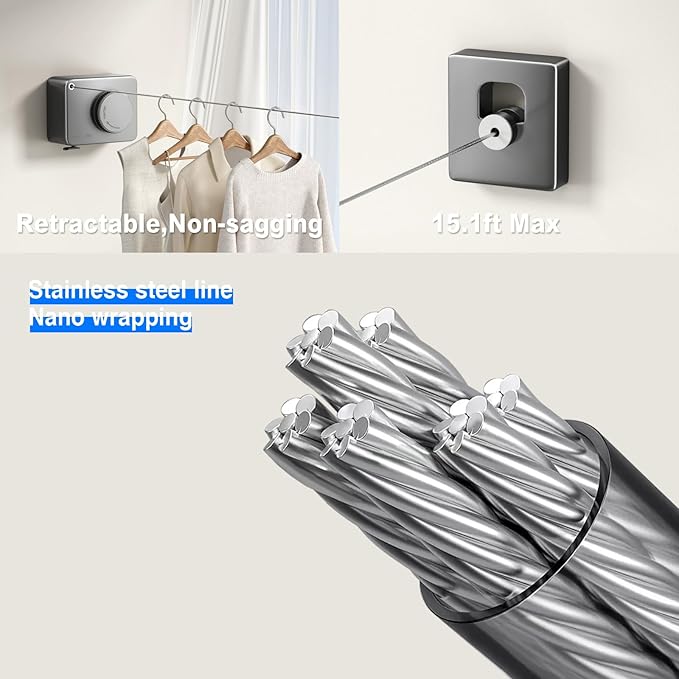 Retractable Clothesline Indoor, Non-Sagging Outdoor Clothes Line Retracting Heavy Duty Clothes Drying Laundry Line Wall Mounted Stainless Steel Line-13.8 Feets(Gray)