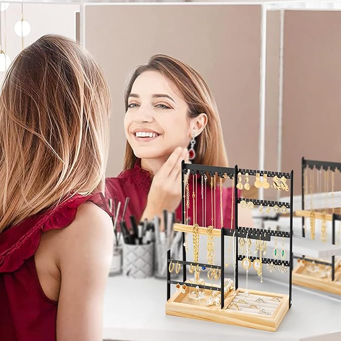 DreamGenius Jewelry Organizer Stand with Velvet Ring Holder, 4 Tier Jewelry Holder Organizer with 11 Hooks for Necklaces and 132 Holes for Earrings, Black