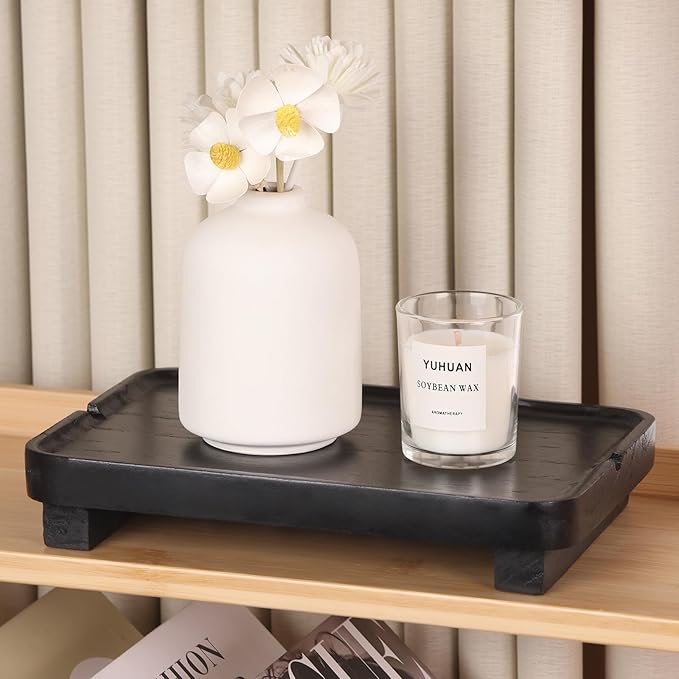 Wood Riser Small Decorative Tray Sink Soap Dish, Vanity Tray Pedestal Stand 9 x 5.9 inches (Black)