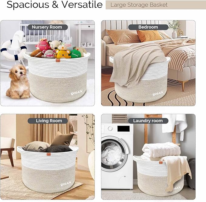 Large Laundry Basket Toy Storage Blanket Basket Woven Cotton Rope Baskets with Handles for Living Room (Brown/Beige) XXXL