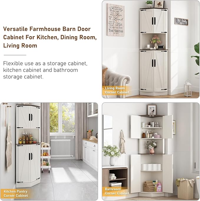 68" Tall Farmhouse Corner Cabinet, Dining Room Storage Cabinet with 4 Barn Doors and 5 Level Storage with Adjustable Shelves, for Kitchen, Living Room, Laundry Room, Rustic White