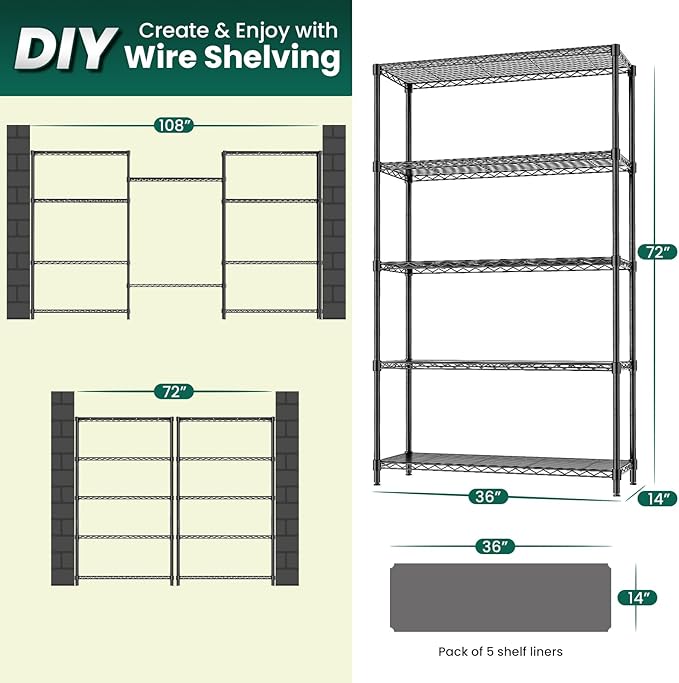 5-Tier Storage Shelves 72" H Wire Shelving with 5 Shelf Liners, 1325LBS Adjustable Metal Shelving, Heavy Duty Steel Wire Rack for Garage Commercial Pantry Kitchen, 36" W x 14" D x 72" H, Black