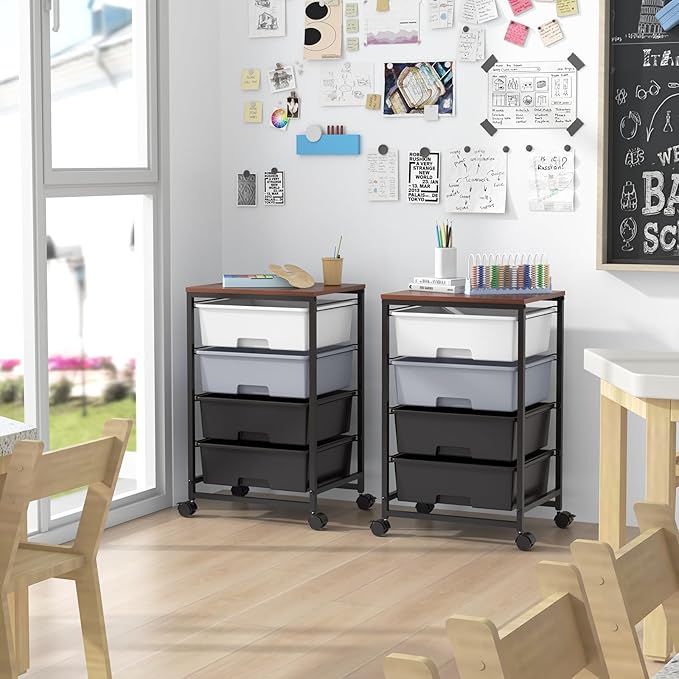 Utility Cart with 4 Drawers,Rolling Storage Cart with Drawers,Light Grey