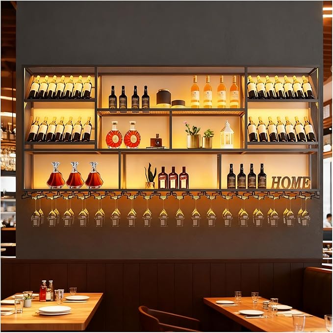 3 Tier Large Wine Rack Wall Mounted with Glass Holder, Black Modern Iron Liquor Shelf, 70.8 Inch Large Wine Bottle Display Shelf, for Kitchen Dining, Home Bar, Cellar (70.8" W)
