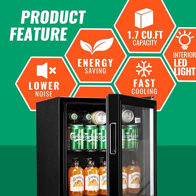 WANAI Mini Fridge Glass Door 58 Cans Beverage Cooler Refrigerator Small Beer Fridge 1.7 cu.ft Organizer for Drinks Soda Wine Small Refrigerator with Blue LED for Home Office Dorm