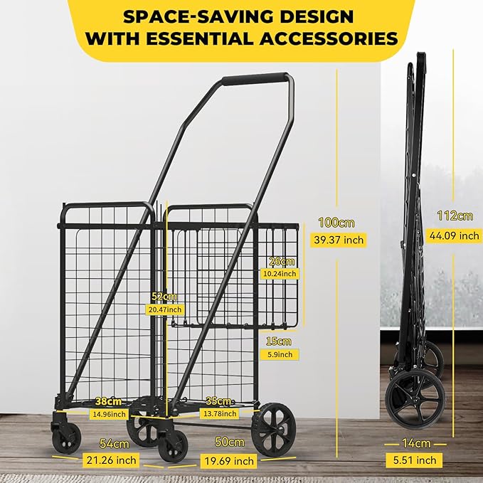 3.7 Cu Ft Folding Shopping Cart - 380 LB Capacity Grocery Cart with 360° Braked Swivel Wheels - Heavy Duty Utility Cart with Double Basket & Removable Waterproof Liner with Lid for Laundry