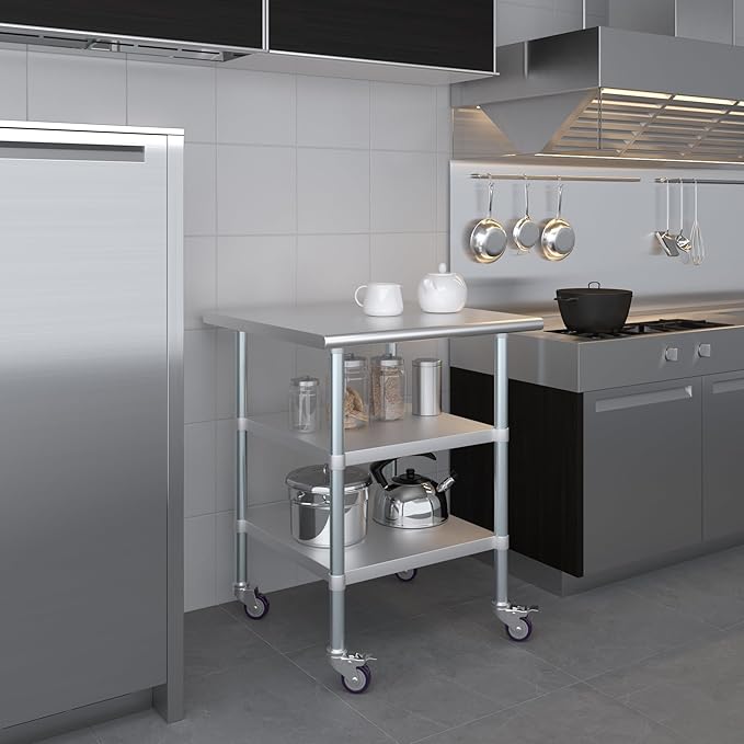 AmGood Stainless Steel Work Table with 2 Shelves and Casters | Metal Utility Table On Wheels (Stainless Steel Work Table with 2 Shelves + Casters, 30" Long x 30" Deep)