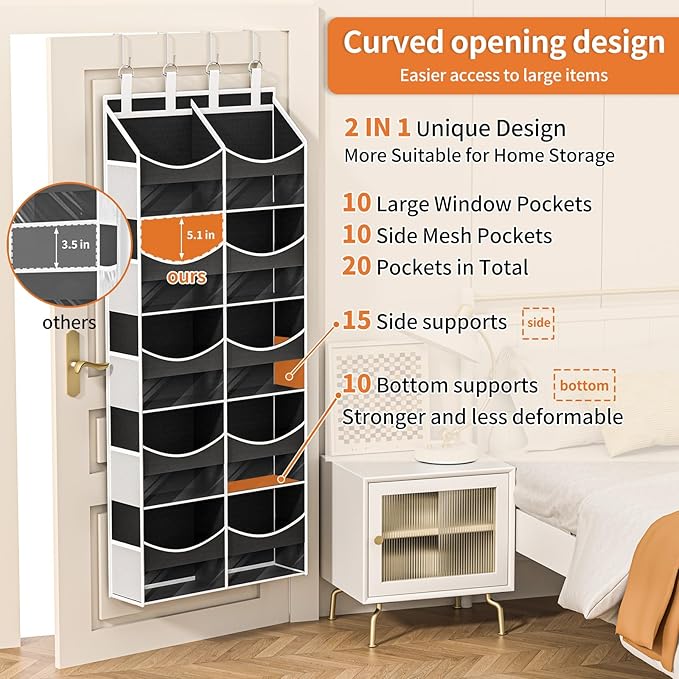 Aokeyee Over the Door Storage Organizer - 5 Tiers Behind Door Storage with 10 Compartments & 10 Mesh Pockets, 80lb Capacity Door Hanging Organizer for Closet, Bedroom, Bathroom, Pantry, Nursery, Toys