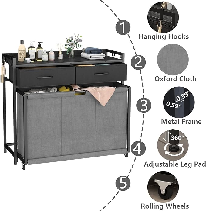 Laundry Hamper Laundry Basket with 3 Section Pull-Out Rolling Bags, Laundry Sorter for Organization and Storage with 2 Pull-Out Drawers for Laundry Room, Bathroom, Bedroom Use (Black)