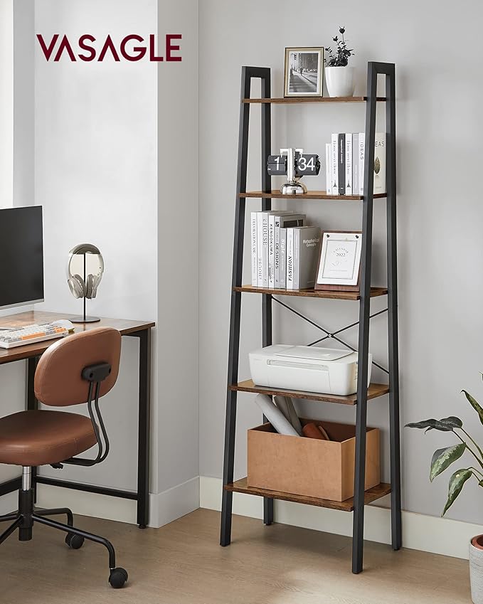 VASAGLE Ladder Shelf, 5-Tier Bookshelf, Storage Rack, Bookcase with Steel Frame, for Living Room, Home Office, Kitchen, Bedroom, Industrial Style, Rustic Brown and Ink Black ULLS45X