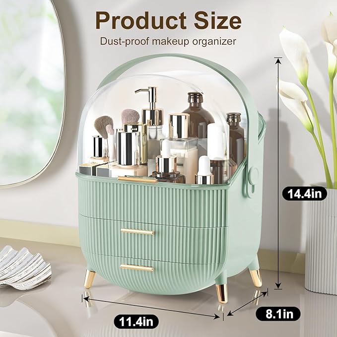 Make up Organizers and Storage, Makeup Organizer for Vanity, Cosmetics Skincare Organizers with Lid and Drawers, Cosmetic Display Cases for Countertop, Bathroom, Ideal Gifts for Women(Light Green)