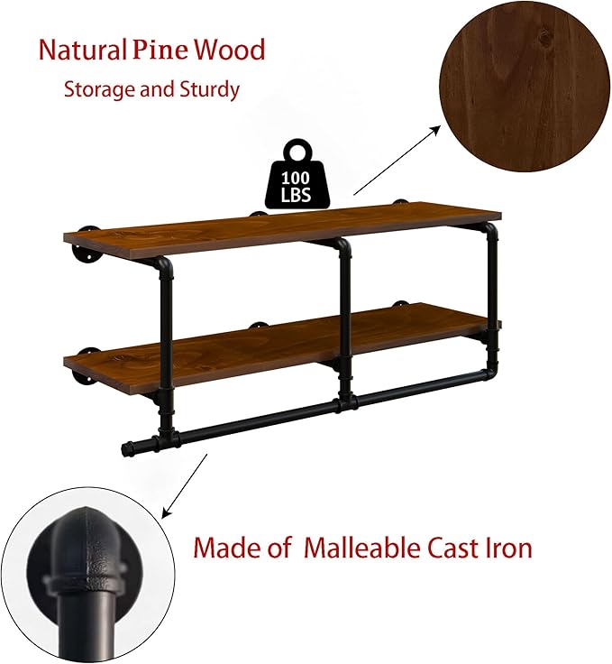 Wall Mounted Clothes Rack 12 Inch Deep, 42 Inch Heavy Duty Garment Rack with Real Walnut Wood Shelf, Multi-Purpose Hanging Rod & Space-Saving Closet Storage Organizer