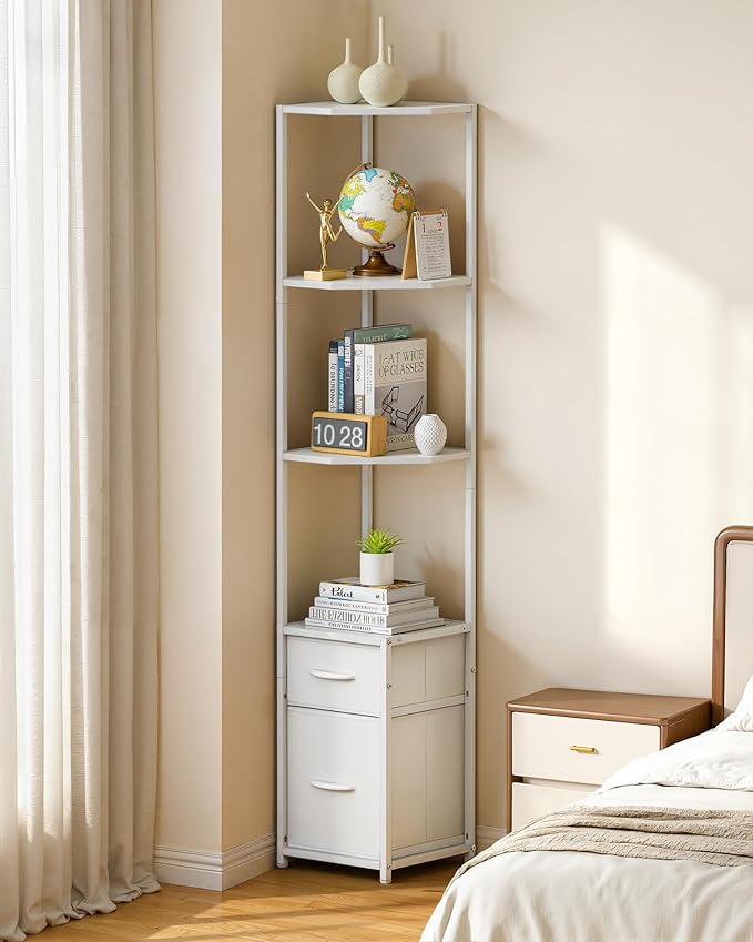 Housolution Corner Shelf Stand with Storage, 63.8'' Tall 6-Tier Corner Bookshelf Includes 2 Fabric Drawers, Freestanding Corners Storage Shelf for Living Room Bedroom Kitchen Bathroom (White)