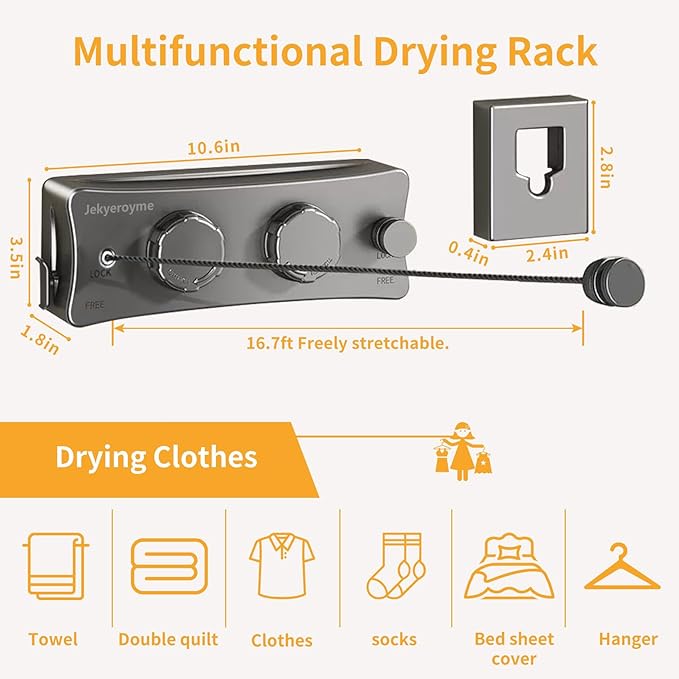 Retractable Clothesline Indoor & Outdoor, Non-Sagging Wall Mounted Drying Rack Clothesline, 16.7 Ft Stainless Steel Wire Double Clothes Lines, Hanging Clothes line for Balcony, Courtyards(Grey)