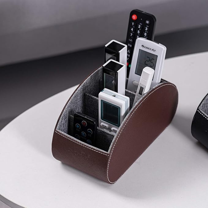 Wide Remote Control Holder , PU Leather Organizer Box with 5 Compartments for Table Office ,Remote Caddy Desktop Storage with Phone Holder, Home Accessories for Controllers , Media Player (Brown2)