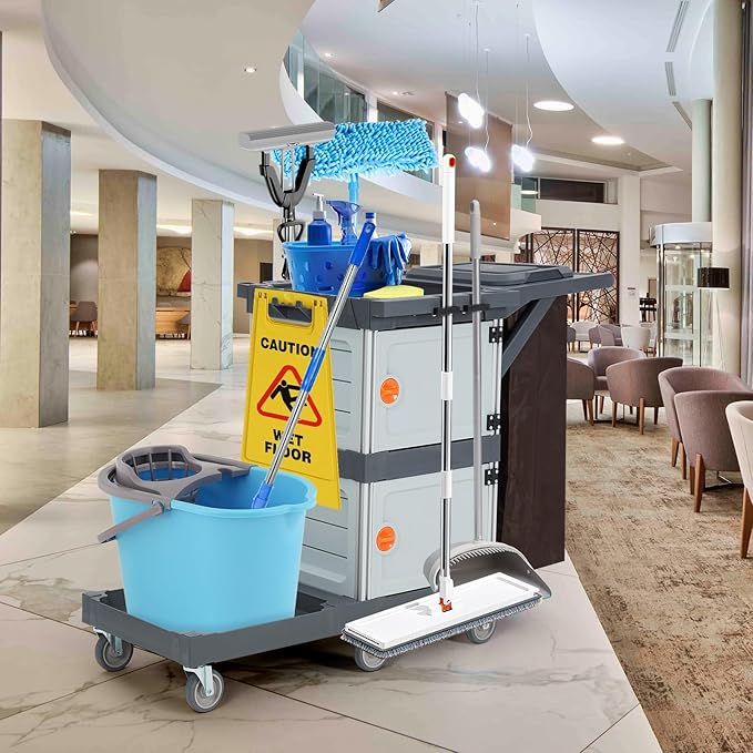 Commercial Janitorial Cart, 3-Shelf Housekeeping Cleaning Cart with 2 Cabinet, Wheels, Cover, Shelves, and Oxford Bag, Traditional Janitorial Cart for School Hotel Apartment