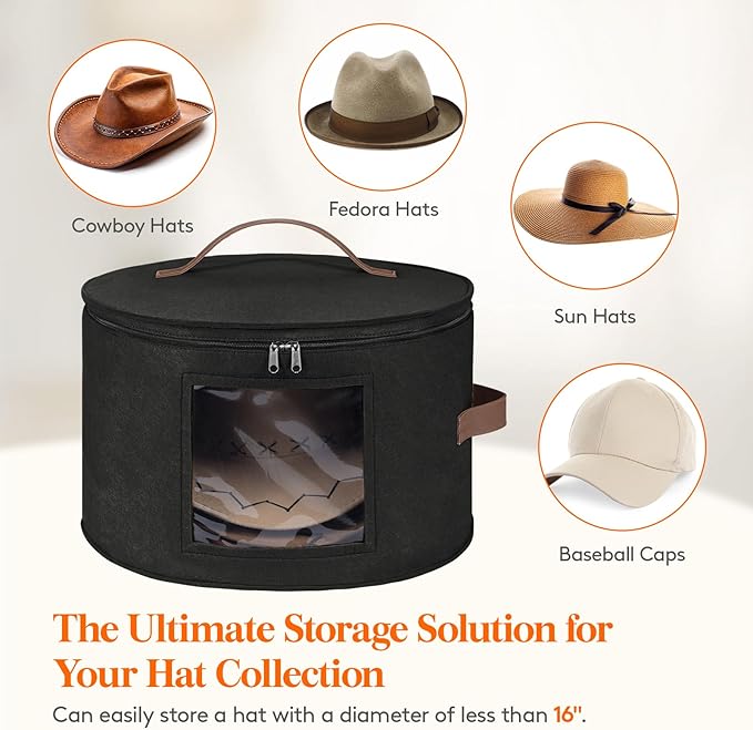 Lifewit Round Cowboy Hat Box for 7 Caps, Large Felt Hat Organizer Bag for Men & Women Storage, Baseball Cap Container with Dustproof Lid for Travel, Foldable 16.5" D x 10.6" H Carrier, 2 Pack, Black