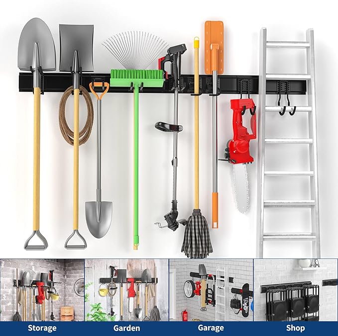 Wall Mount Tool Storage Rack, 15 PCS Heavy Duty Steel Yard Garden Tool Organizer, Garage Tool Organizer Wall Mounted Storage System Hold Up to 550lbs, with 2 Extension Cord