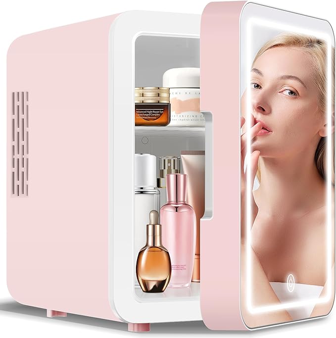 4-Liter Pink Portable Mini Fridge for Skincare Beauty Cosmetic Makeup With Mirrored Door and Dimmable LED Light
