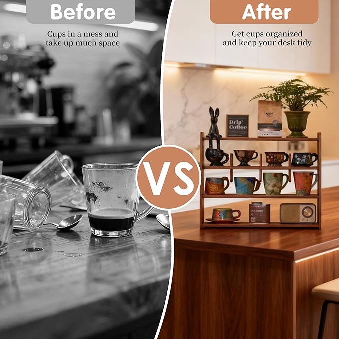 Coffee Cup Holder for Countertop Walnut Wood Coffee Mugs Holder for Kitchen Mug Display Rack (4-Tier Walnut wood A)