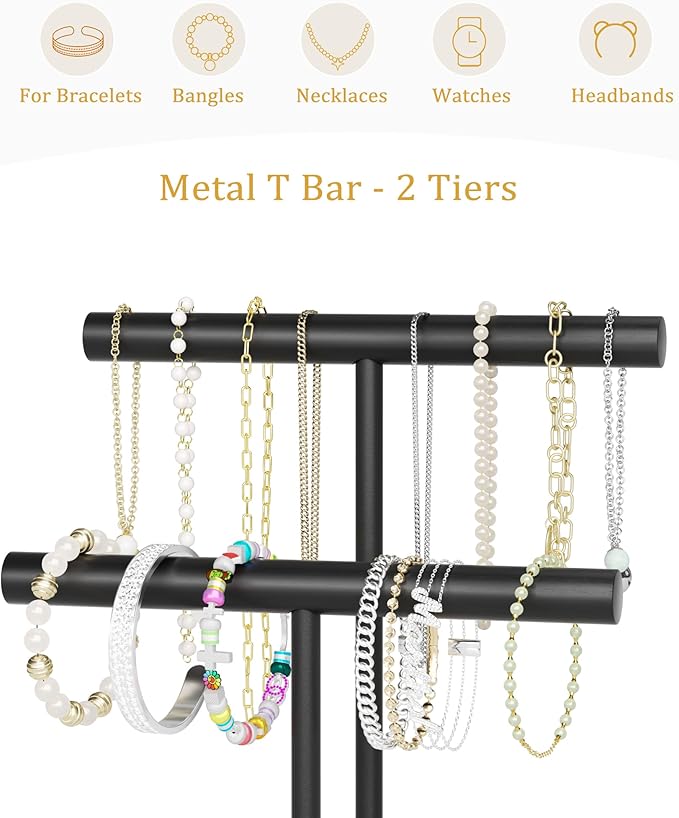 SZQINJI Bracelet Holder Organizer Jewelry Display Stand, Solid Wood Base with 2 Tier Metal T-bar for Bracelet Wristband Bangle Watch Necklace Hanging, White, Christmas Gift