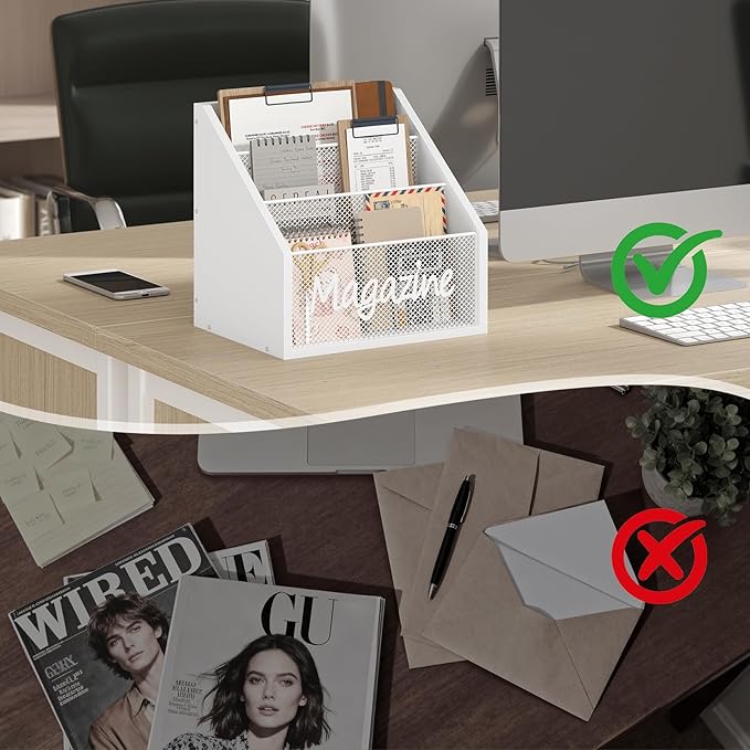 Magazine Holder, Wood Magazine Rack Floor, Mail Organizer Countertop, Magazine Mail Holder Sorter, Record Holder for Magazines, Books, Newspapers, Tablets, White MR02WW