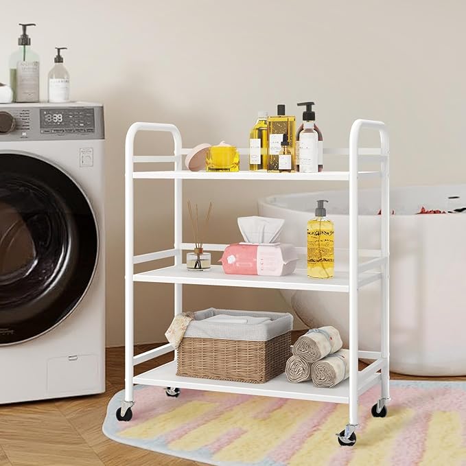 HDANI 3 Tier Metal Utility Multipurpose Rolling Cart,Large Capacity Heavy Duty Rolling Cart with 2 Lockable Wheels for Home,Office,Kitchen,Bathroom,Bedroom,White
