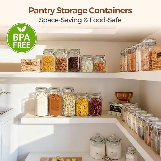 ComSaf Airtight Glass Canister Set of 3 with Lids 34oz Food Storage Jar Square - Storage Container with Clear Preserving Seal Wire Clip Fastening for Kitchen Canning Cereal,Pasta,Sugar,Beans,Spice