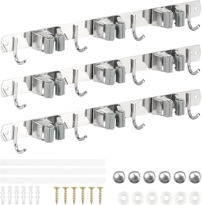 3 Pack Broom Holder Wall Mount 3 Racks 4 Hooks Stainless Steel Broom Mop Holder Anti Slip Storage Rack Strong Load Bearing Waterproof Broom and Mop Organizer Wall Hanging for Bathroom Kitchen Garage