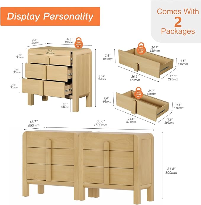 WAMPAT 6 Drawer Dresser for Bedroom, 2 in 1 63" Wide Mid Century Modern Wide Chest of Drawer, Wood Tall Nightstand with Curved Edge Handles, Closet Dresser TV Stand for Bedroom, Oak