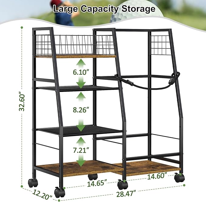 Golf Bag Garage Storage Rack with Wheels, Organizer for Single Golf Bag and Equipment Accessories, Ideal for Home, Garage, Club, Shed, Basement - Sturdy Wood and Metal Construction (Black)
