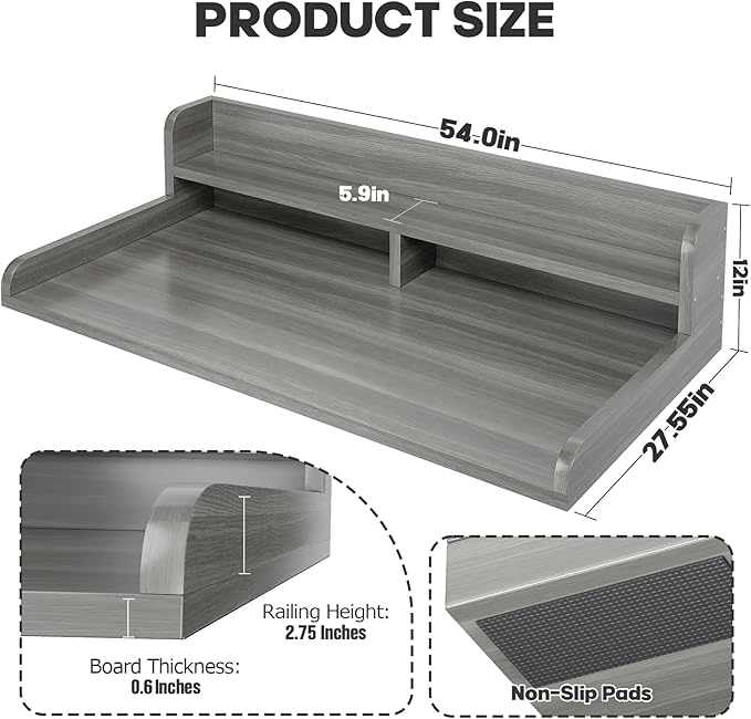 2-Tier Washer Dryer Countertop with 2.75"H Edge Rails, 54" W x 27.55" D Laundry Countertop for Folding Clothes, Washer and Dryer Topper with Non-Slip Pad (Stripe Gray)