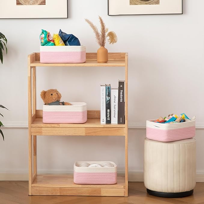OIAHOMY 4 Pack Storage Baskets for Organizing, Small Bins for Shelves, Cute Decorative Storage Bins, Organizer Baskets for Gifts Empty, 11.8''Lx7.8''Wx4.7''H, Pink/White