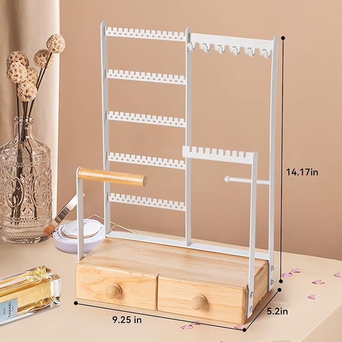 DreamGenius Jewelry Organizer Stand with 2 Velvet Ring Holder Drawers, 5 Tier Jewelry Holder Organizer with 11 Hooks for Necklaces and 145 Holes for Earrings, White
