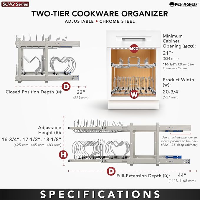 Rev-A-Shelf 2-Tier Kitchen Cabinet Pullout 20.75" Cabinet Organizer for Pots, Pans, and Lid Cookware, Adjustable Heavy Duty Wire, Chrome, 5CW2-2122-CR