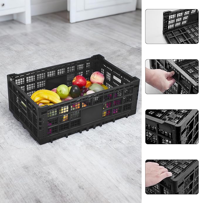 Collapsible Storage Crates, 52 Liter Heavy Duty Foldable Plastic Crates , Storage Baskets and Bins 23.6" L x 15.7" W x 8.6" H Stackable Dairy Milk Crates for Office, Home, Toy Storage