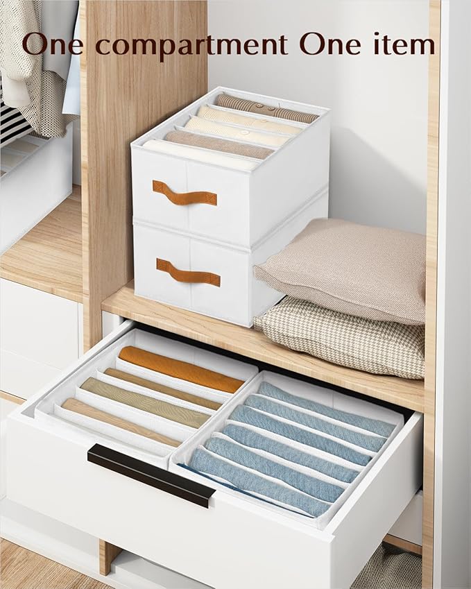 Clothes Organizers and Storage - 4/5/7 Grids Fabric Jeans Organizer with Handles, Foldable Closet Organizers Dividers, Wardrobe organizer for Pant, Sweater, T-shirt, Scarf, 6 Pack, White