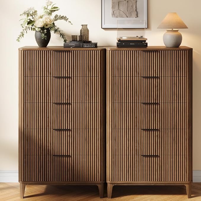 Fluted Dresser for Bedroom with 5 Drawers Set of 2, 45" Large Closet Clothes Wood Tall Dresser Storage Organizer, Mid Century Modern Chest of Drawers with Deep Storage Walnut