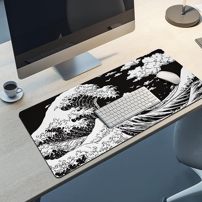 Japanese Sea Wave Large Mouse Pad, Anime Style Gaming Desk Mat, XXL Keyboard Desk Pad Mat for Desktop, 35.4"x15.7" Non-Slip Base Big Mousepad with Stitched Edges