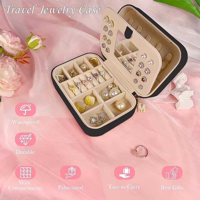 TopPerfekt Travel Jewelry Case, Jewelry Box with Mirror, Jewelry Organizer Bridal Shower Gifts to Her, Earring Storage Travel Case, Trendy Gift for Women and Girls, Girlfriend-Letter S, Black