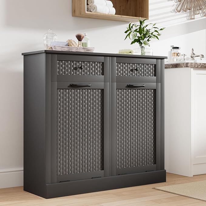 Double Tilt Out Laundry Hamper Cabinet,10 Gallon Laundry Cabinet with Drawers ＆ 2 Hidden Baskets, Farmhouse Storage Basket for Laundry Room, Bathroom, Kitchen, Gray