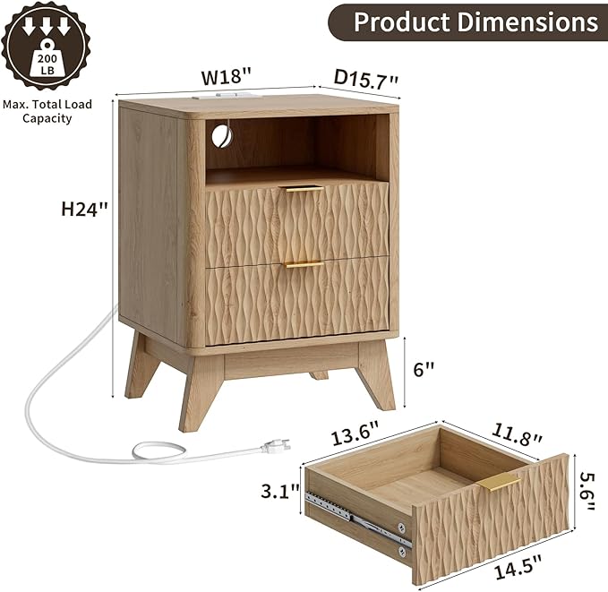Fluted Nightstand with Charging Station, 18" Modern End Table with Storage Drawers, Bedside Table for Bedroom, Natural Oak(1 Piece)