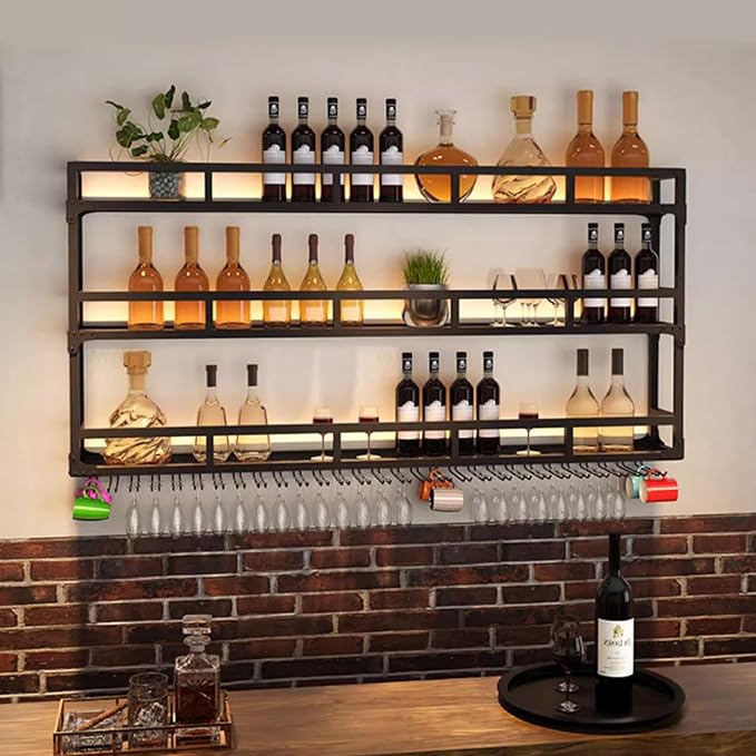 70.8in Wall Mounted Wine Rack, Wine Rack Wall Mounted with Wine Glass Rack, Metal Bar Bottle Display Shelf Wine Cups Hanging Holder, for Home Bar Cafe Decoration (Black, 70.8 * 10 * 35.5IN)