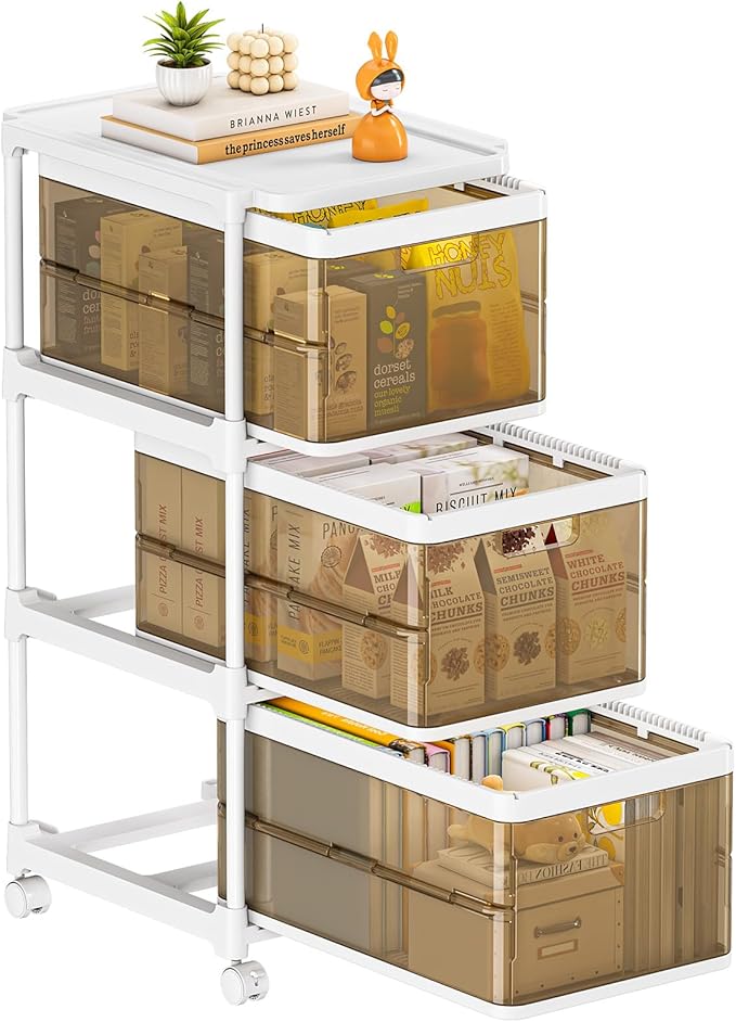 3 Drawer Storage Organzier - Plastic Drawer Stroage, Stackable Storage Drawers, Storage Bins with Wheels, Foldable Drawer Organizer, 20 Quart/Bin, Total 60 Qurat