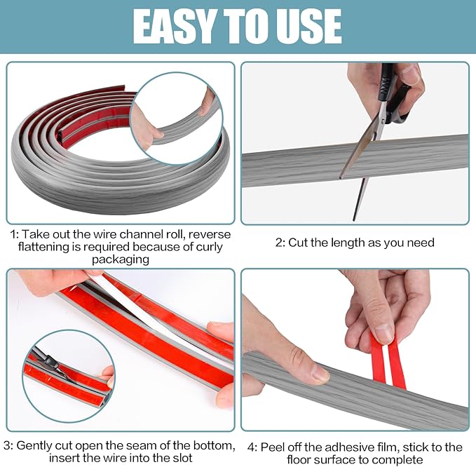 Floor Cord Cover Self Adhesive Cord Hider,3.3FT Cable Management, Extension Strip Protector for Wires, Prevent Cable Trips for Offices, Gyms, Exhibitions Cavity:0.3"(W) x 0.28"(H) Gray Wood
