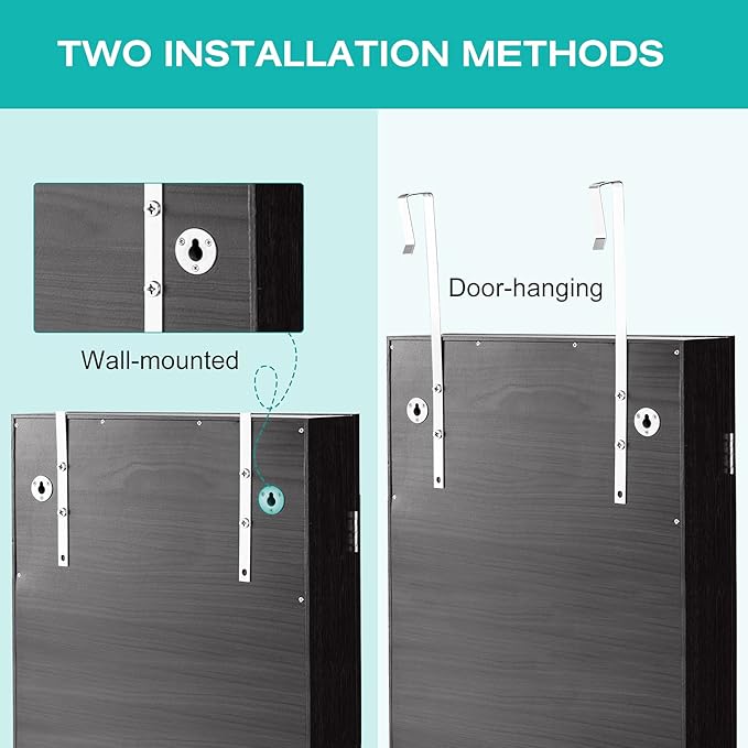 CHARMAID LED Strip Jewelry Armoire with 47.2" H Full Length Mirror, Wall/Door Mounted Jewelry Organizer with Built-in Mirror, Flip-over Cosmetic Tray, 4 Drawers, Large Storage Jewelry Cabinet (Black)