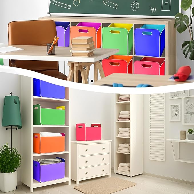 6 Pcs 14x10 Inch Colorful Felt Rectangular Storage Bins Collapsible Storage Basket with Handle for Shelves Closet Bedroom Office Clothes Book Holiday Christmas Stuff Organizer(Rainbow)