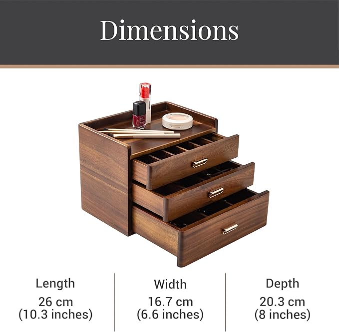 Shanik Personalized Wooden Jewelry Box for Women – Large Three-Drawer Organizer with Compartments for Rings, Necklaces & Earrings