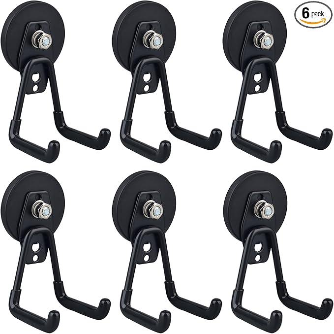 ULIBERMAGNET Heavy Duty Magnetic Garage Hook,6 Pack Strong Large Magnet Hooks for Power Drill,Garden Tools,Hose,Pegboard,Garage, Workshop,Magnetic Storage Hooks for Indoor Outdoor Hanging(Black)