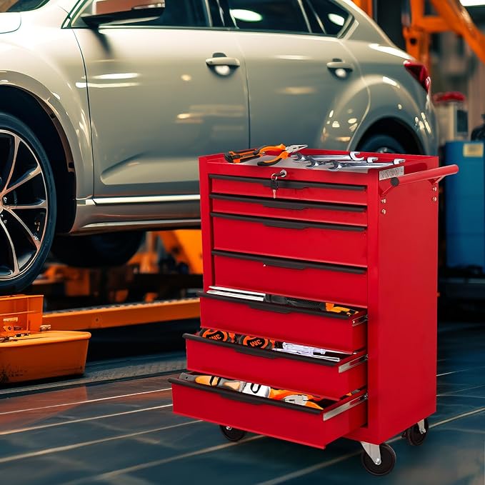 7-Drawer Rolling Tool Chest Cabinet, Large Capacity Metal Tool Box with Wheels and Cylinder Locking, Roll Around Storage Organizer Tool Cart for Garage, Warehouse, Work Shop - Red